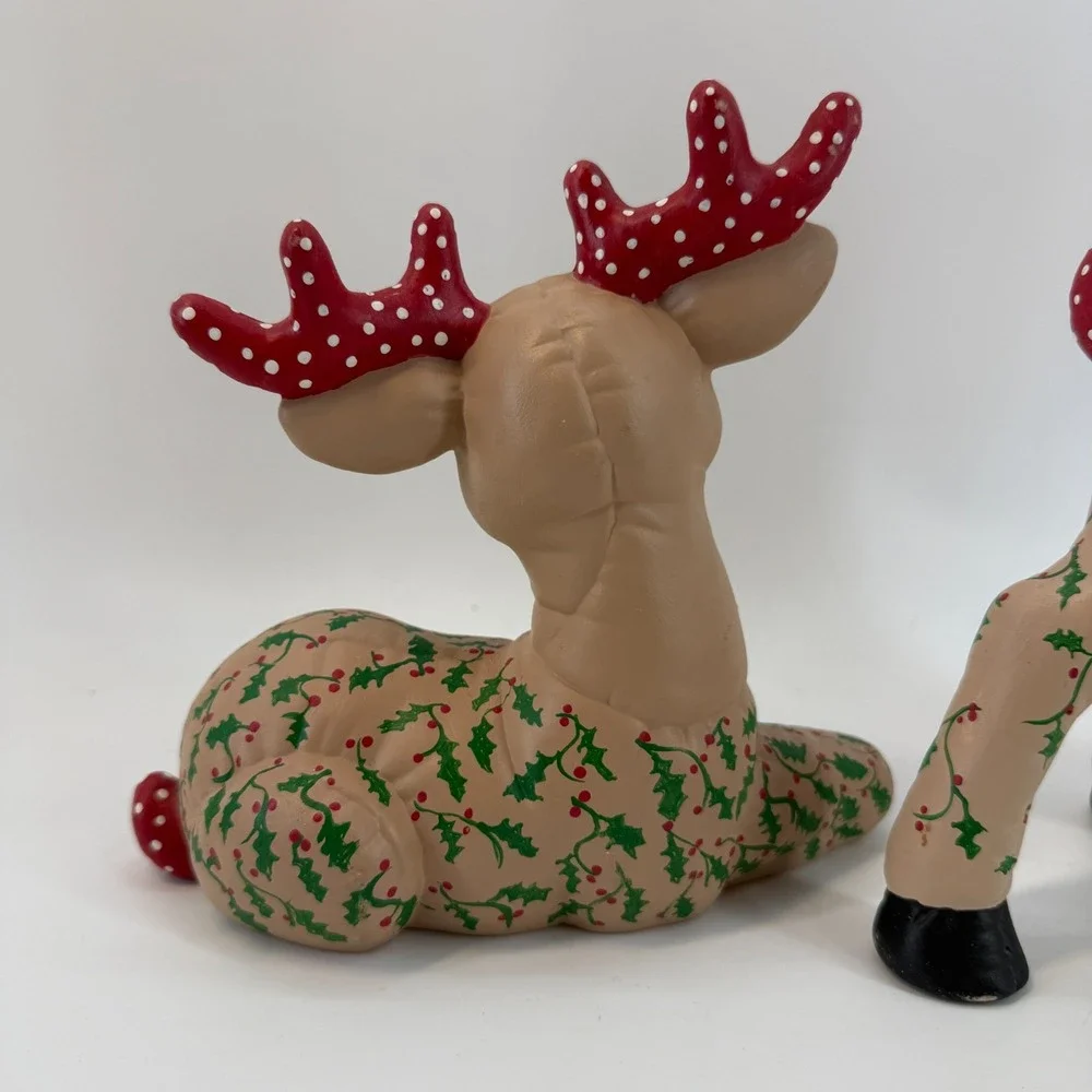 Vintage Kimple Ceramic Molds Christmas Quilted Reindeer Set Figurines Polka Dots